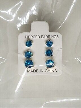 $1 | Blue | Multi‑Size 3‑Pair Rhinestone Stud Earring Set